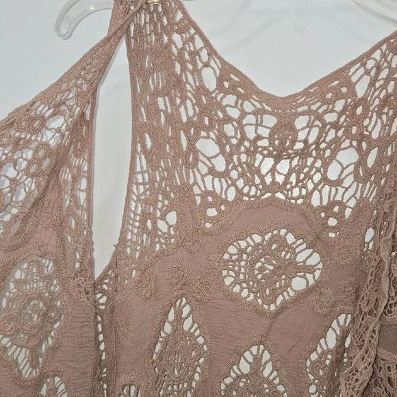 Instie Tan Romantic Crochet Lace Boho Hippie Cottagecore Sleeveless Open Vest - Picture 4 of 6